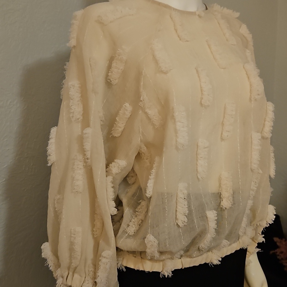 ZARA Cream Textured Metallic Gold Balloon Sleeve Oversized Sheer Blouson Top - Picture 5 of 7